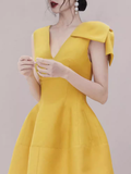 Sexy A line V Neckline Yellow Satin Birthday Outfit Homecoming Dresses HZ1024