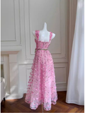 Cute A Line Pink Tulle Flowers Long Prom Dress HZ1024