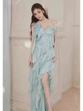 Simple A Line Spaghetti Straps Sleeveless Slit Chiffon Prom Dress HZ1024