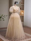 Fairytale A Line V neckline Short Sleeves Tulle Long Prom Dress HZ1024