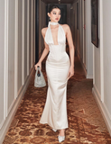 Simple Mermaid Sleeveless Satin White Long Prom Dresses HZ1024