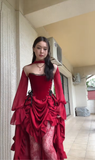 Elegant High Low Strapless Burgundy Satin Prom Dress Birthday Outfits With Sleeves HZ1024