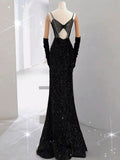 Elegant Mermaid Spaghetti Straps Black Sequin Long Prom Dresses Party Dress With Beads HZ1024
