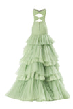 Sexy High Low Strapless Sage Green Tulle Long Prom Dresses HZ1024