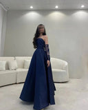 Modest Ball Gown Navy Blue Strapless With Long Sleeves Prom Dresses Long Evening Dress HZ1024