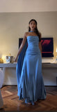 Vintage A line Strapless Blue Satin Evening Dress Prom Dresses Long Birthday Outfits HZ1024