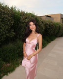 Vintage Sheath Spaghetti Straps Pink Satin Evening Dress Prom Dresses Long Birthday Outfits HZ1024