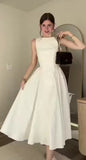 Vintage A line Scoop Neckline White Satin Evening Dress Ankle Length Prom Dresses HZ1024