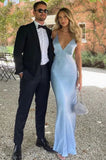 Blue Deep V-Neck Satin Sleeveless Sheath Long Formal Evening Dress HZ1024