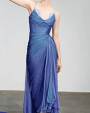 Pretty A line Spaghetti Straps Blue Chiffon Long Evening Dress Floor Length Prom Dresses HZ1024