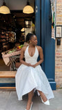 Simple A line Halter White Sleeveless Satin Prom Dress Formal Evening Dresses HZ1024