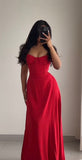 Simple A line Spaghetti Straps Red Sleeveless Long Prom Dress Formal Evening Dresses HZ1024