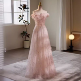 Modest A line Off The Shoulder Tulle Long Pink Prom Dress HZ1024
