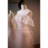 Luxury Mermaid Strapless Tulle Pearls Long Pink Prom Dress HZ1024