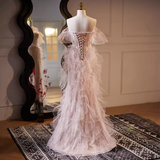 Luxury Mermaid Strapless Tulle Pearls Long Pink Prom Dress HZ1024