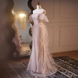Luxury Mermaid Strapless Tulle Pearls Long Pink Prom Dress HZ1024