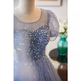 Luxury A line Scoop Tulle Long Blue Prom Dress HZ1024