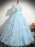Vintage Ball Gown Blue Lace Long Sweet 16 Dress HZ1024