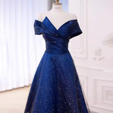 A-Line Off The Shoulder Royal Blue Sequin Long Prom Dress HZ1024