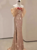 Mermaid Off The Shoulder Short Sleeves Sequin Long Prom Dress HZ1024