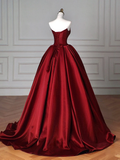 Simple A line Satin Burgundy Long Prom Dress HZ1024