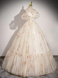 Vintage Ball Gown Champagne Sweetheart Neck Tulle Long Sweet 16 Dress HZ1024