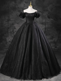 Ball Gown Off Shoulder Tulle Black Long Sweet 16 Dress HZ1024