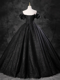 Ball Gown Off Shoulder Tulle Black Long Sweet 16 Dress HZ1024