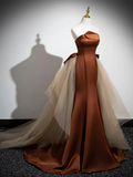 Mermaid Satin Tulle Long Brown Prom Dress HZ1024