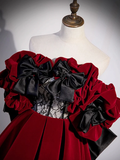 A-Line Off Shoulder Velvet Lace Burgundy Long Prom Dress HZ1024
