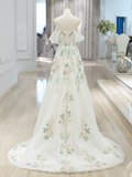 A-Line Off Shoulder Tulle Lace Applique White Long Prom Dress HZ1024