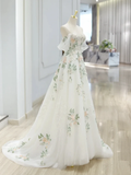 A-Line Off Shoulder Tulle Lace Applique White Long Prom Dress HZ1024