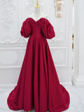 A-Line Puff Sleeves Satin Dark Red Long Prom Dress HZ1024