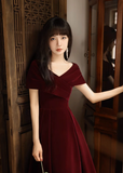 Simple V Neck Velvet Burgundy Long Prom Dress HZ1024