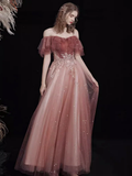 A-Line Tulle Lace Burgundy Long Prom Dress HZ1024