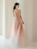 A-Line V Neck Tulle Pink Long Prom Dress HZ1024