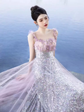 Elegant A line Short Sleeves Long Lilac Prom Dress HZ1024