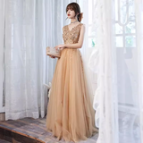 Elegant A line V Neckline Tulle Long Champagne Prom Dress HZ1024