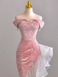 Elegant High Low Strapless Sequin Pink Velvet Prom Dress HZ1024