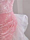 Elegant High Low Strapless Sequin Pink Velvet Prom Dress HZ1024
