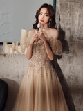 Lovely A line Off The Shoulder Tulle Cap Sleeves Champagne Prom Dress HZ1024
