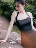 Sexy Mermaid Halter Black Satin Long Prom Dress HZ1024