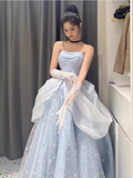 Ball Gown Strapless Blue Lace Long Prom Dress HZ1024
