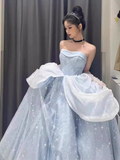 Ball Gown Strapless Blue Lace Long Prom Dress HZ1024