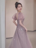 A line Square Neckline Puffy Sleeves Tulle Long Prom Dress HZ1024