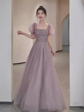 A line Square Neckline Puffy Sleeves Tulle Long Prom Dress HZ1024