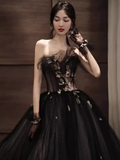 Simple A line Strapless Black Tulle Lace Long Prom Dress HZ1024