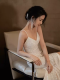 Sexy Mermaid Straps Sequin White Long Prom Dress HZ1024
