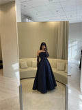 Modest Ball Gown Navy Blue Strapless With Long Sleeves Prom Dresses Long Evening Dress HZ1024