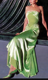 Vintage A line Strapless Satin Long Mint Green Prom Dresses Evening Dress With Fold HZ1024